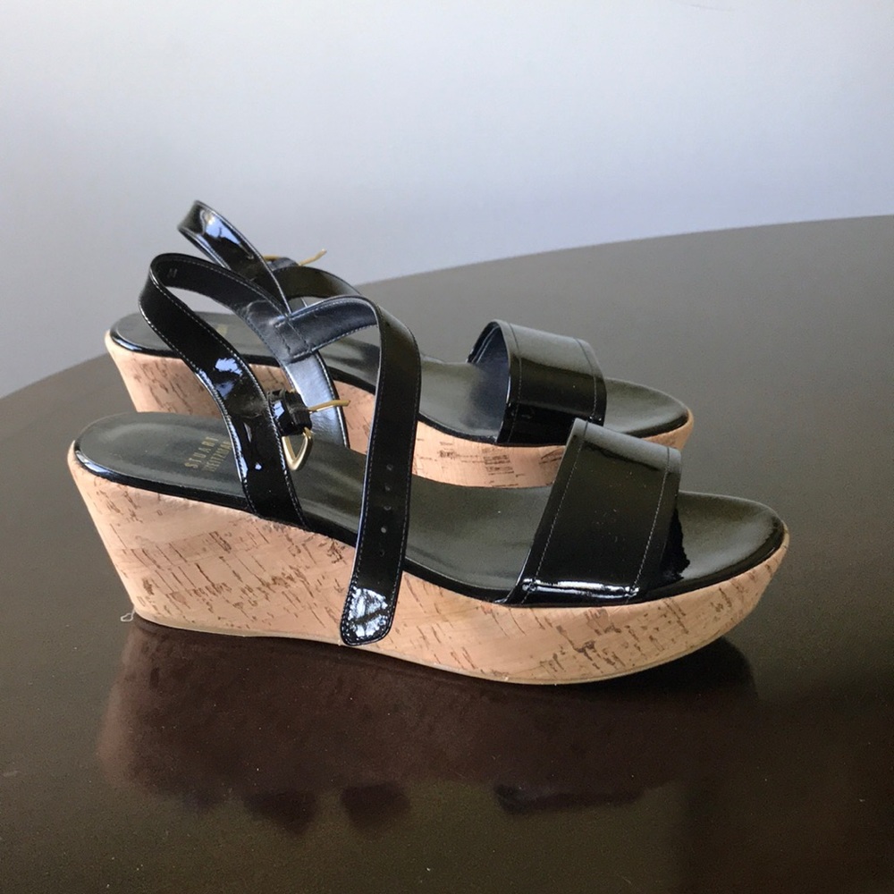 Glossy Blk Stuart Weitzman 9.5m Open Toe Platforms - image 2